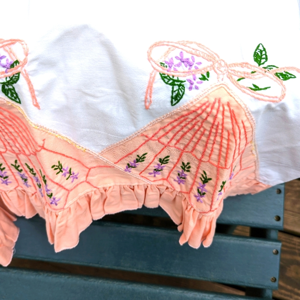 Vintage Hand Emb appliqued  set of  Pillowcases Ruffled hems 19.5"x 30".